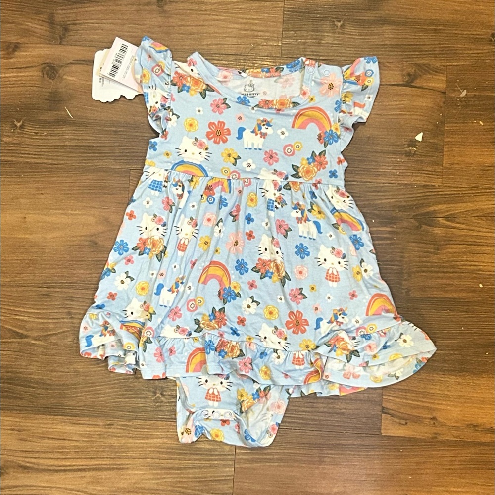Posh Peanut Hello kitty Springtime Blue Floral and Rainbow Ruffled Bodysuit